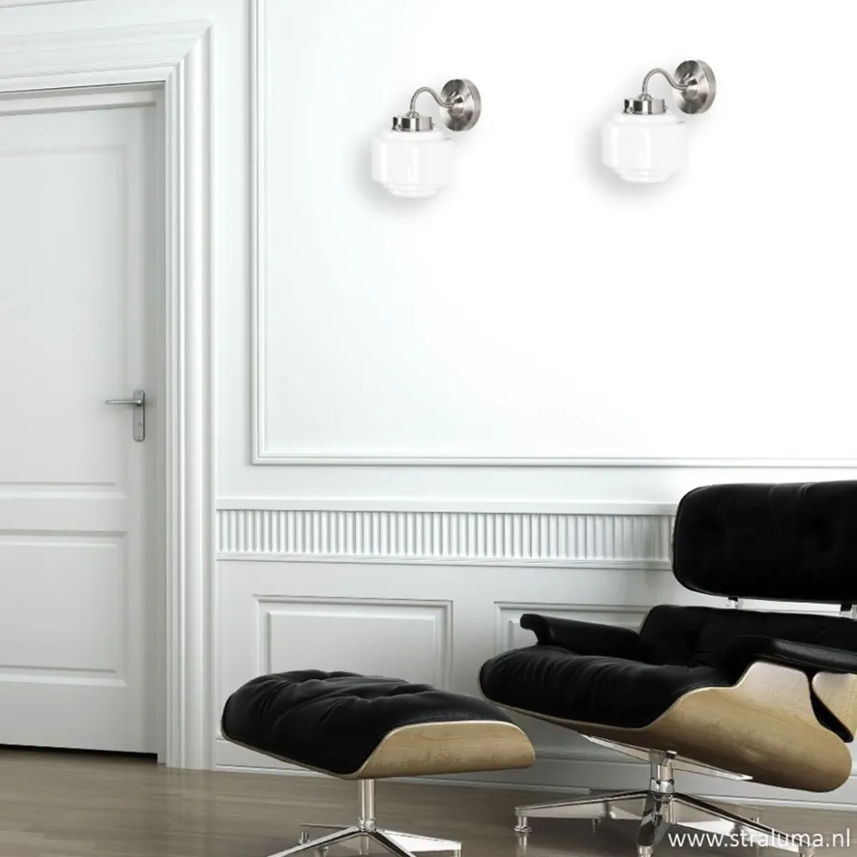 Art Deco wandlamp staal met wit glas>Straluma Online