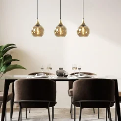 Chique 3-lichts hanglamp zwart/goud met amber glas><noscript><img width=