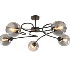 Chique 5-lichts plafondlamp zwart met smoke glazen bollen>Straluma Clearance