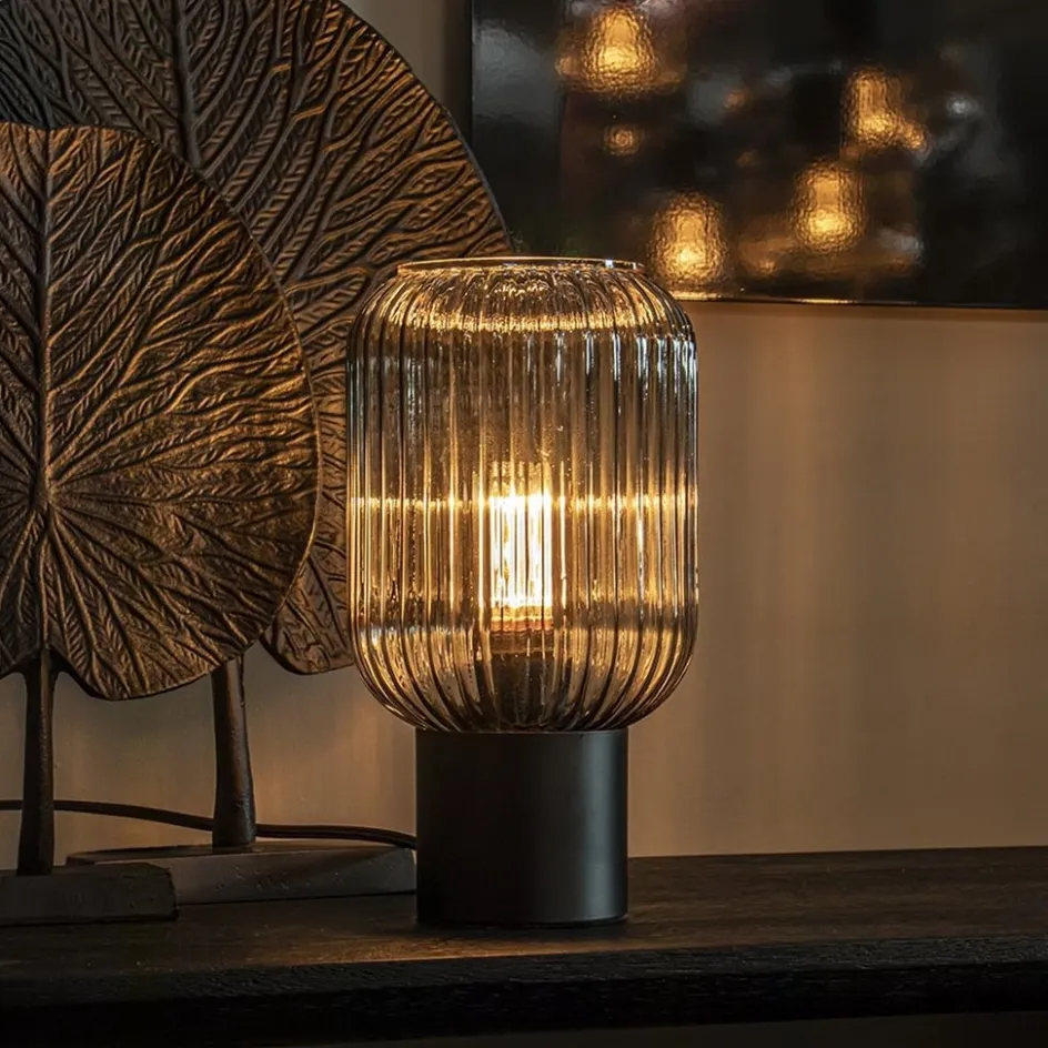 Chique tafellamp zwart met smal smoke glas>Straluma Online