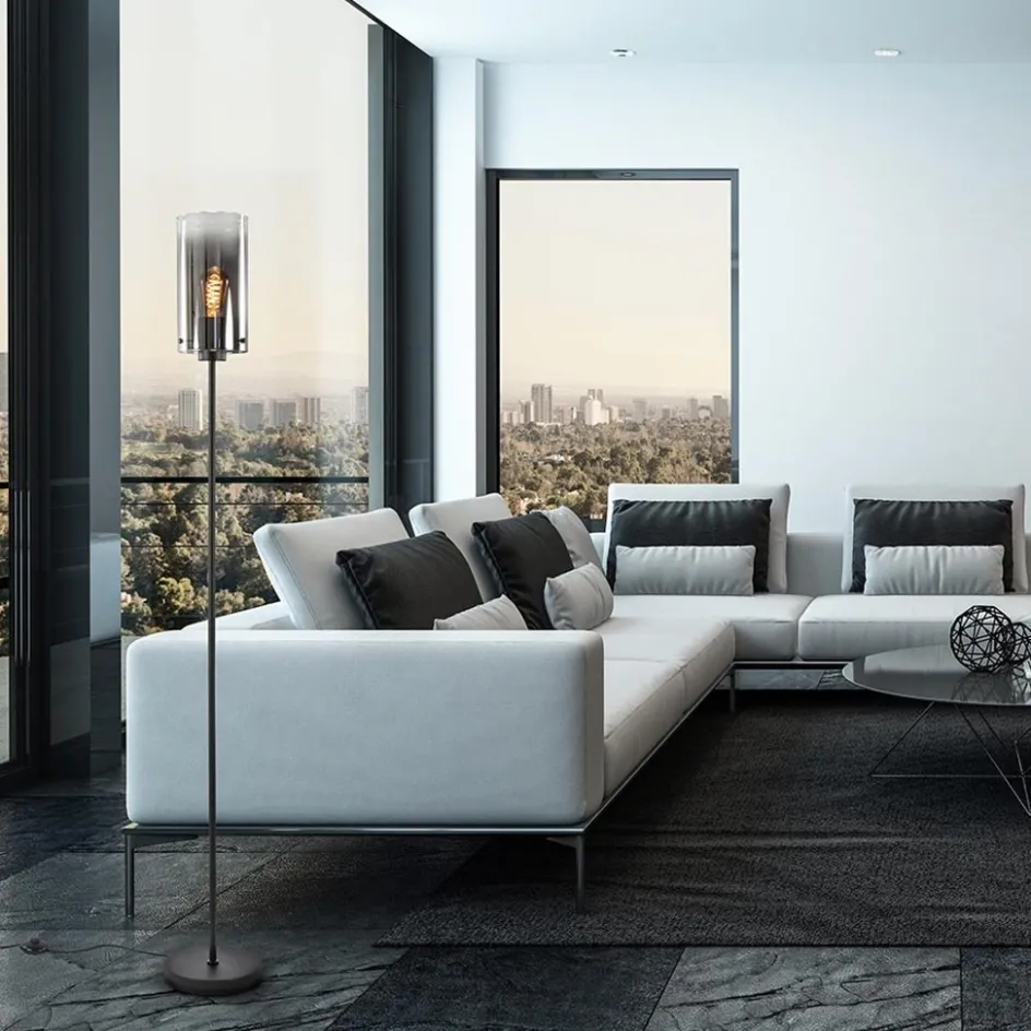 Chique vloerlamp mat zwart met smoke glas cilinder>Straluma Discount