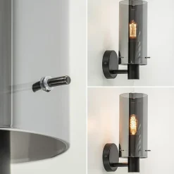 Chique wandlamp zwart met smoke glas cilinder><noscript><img width=