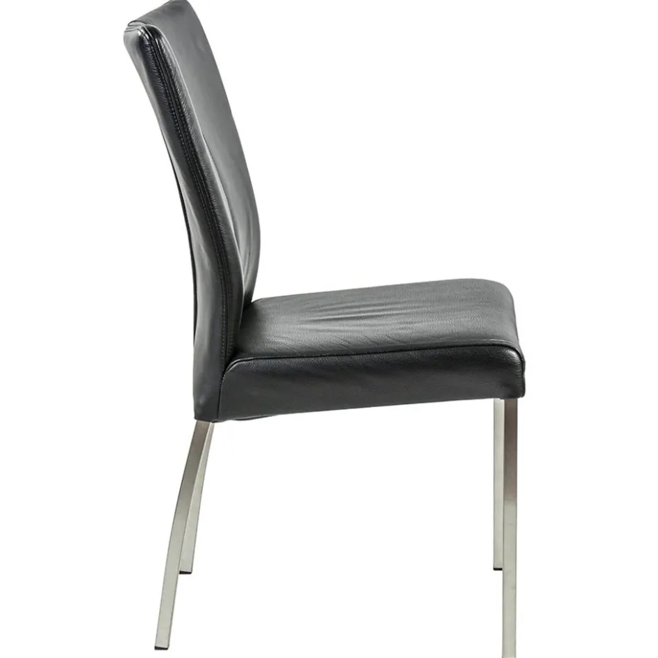 Eetkamerstoel zwart lederen zitting met RVS poten>Straluma Discount