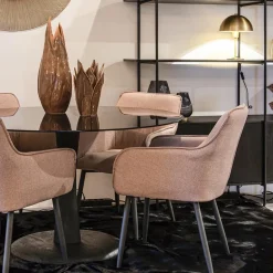 Eetkamertafel ronde glazen plaat zwart met mango houten voet><noscript><img width=