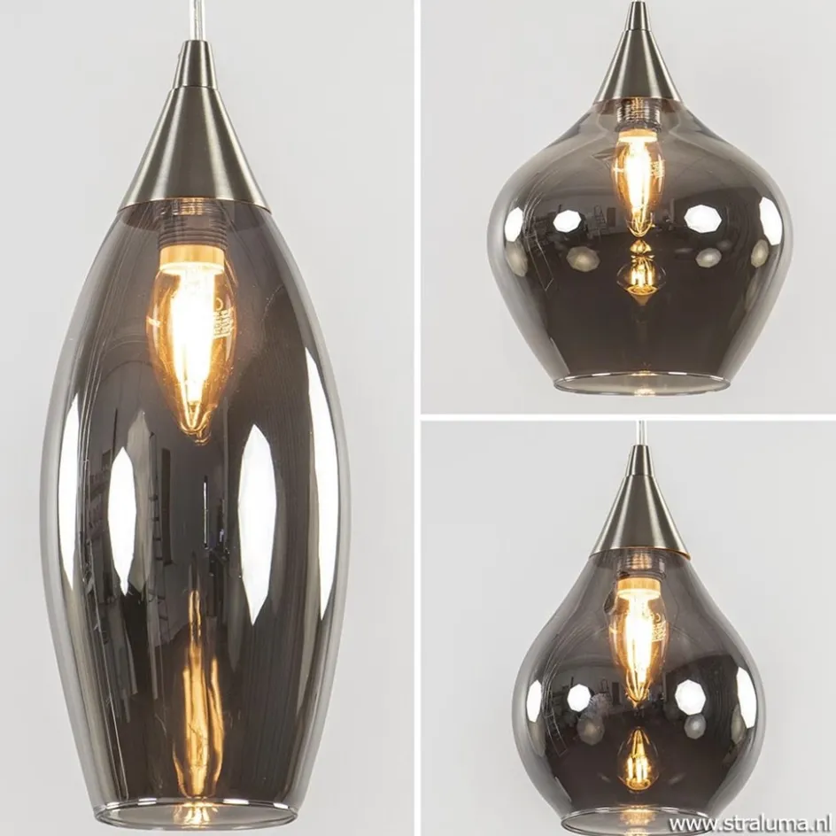 Eettafelhanglamp nikkel met smokey glas 8-lichts>Straluma Outlet