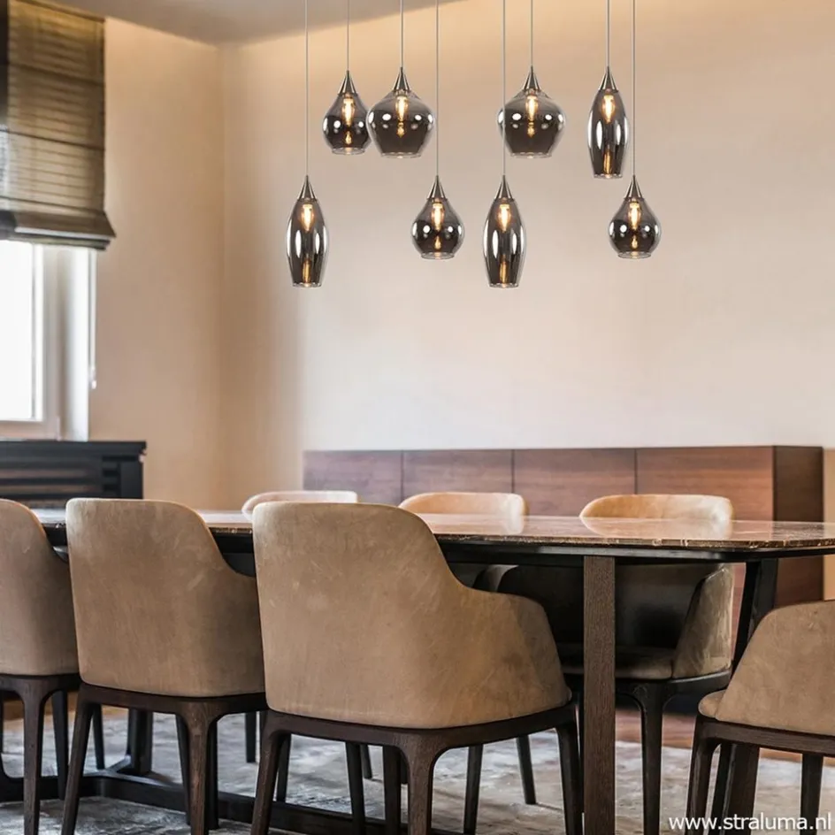 Eettafelhanglamp nikkel met smokey glas 8-lichts>Straluma Outlet