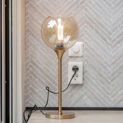 Gouden tafellamp met amber glazen bol 20 cm><noscript><img width=