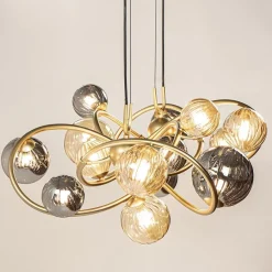 Grote hanglamp goud met amber/smoke glazen bollen><noscript><img width=