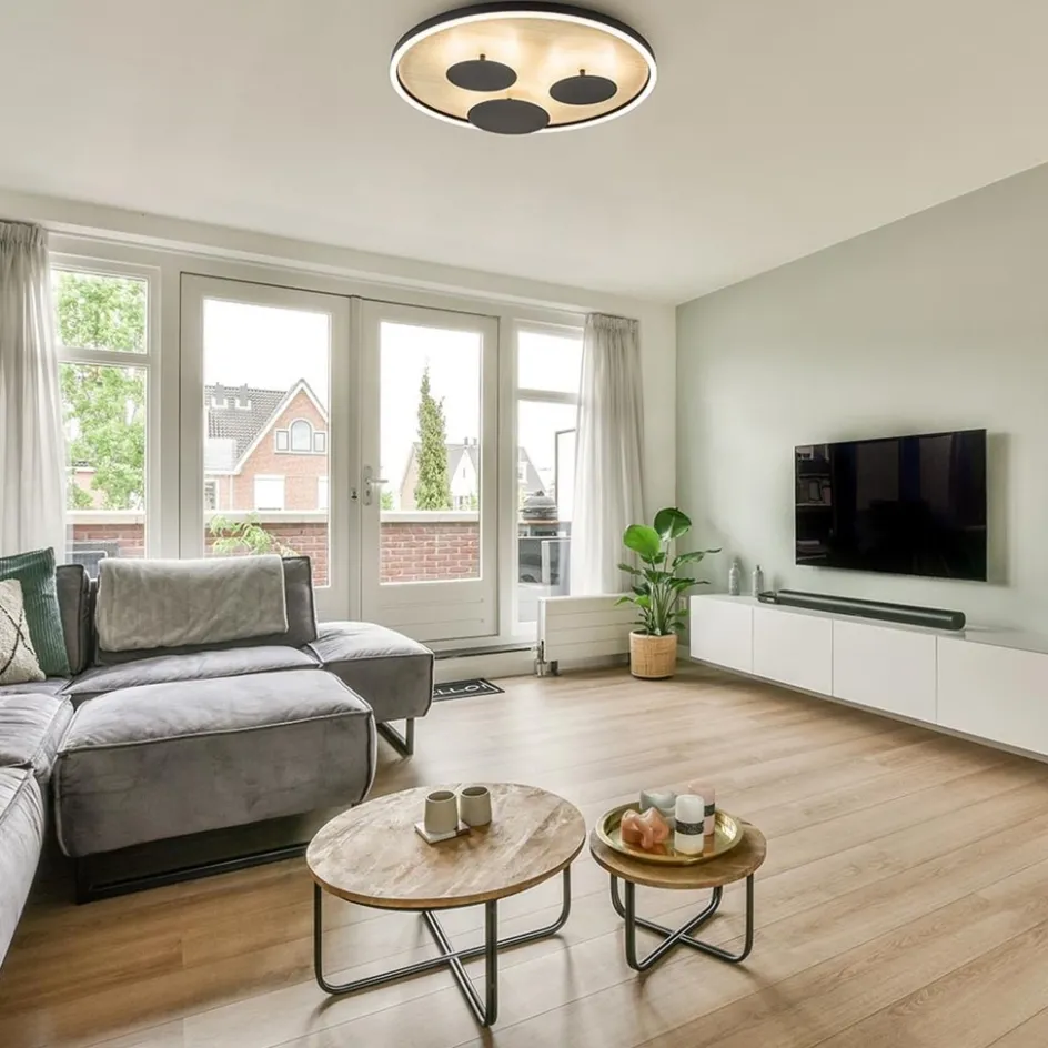 Grote LED plafondlamp zwart met houtlook dimbaar>Straluma Hot