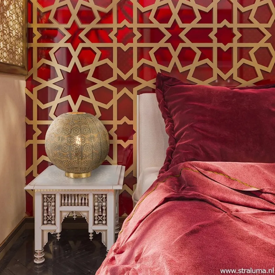 Grote tafellamp antiek messing met decoratief dessin>Straluma Best