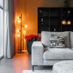 Grote vloerlamp 6-lichts zwart met smoke glazen bollen><noscript><img width=