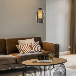 Hanglamp 1 lichts zwart/marmer met smoke glas><noscript><img width=