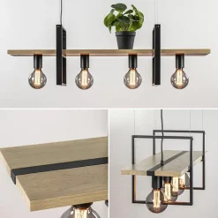 Hanglamp 4L zwart met houten planken><noscript><img width=
