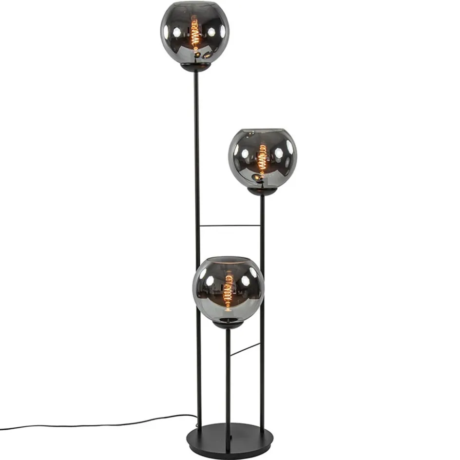 Hotel chique 3-lichts vloerlamp zwart met smoke/titanium glas>Straluma Online