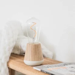 Houten tafellamp met helder glas oplaadbaar/dimbaar><noscript><img width=