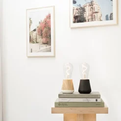 Houten tafellamp met helder glas oplaadbaar/dimbaar><noscript><img width=