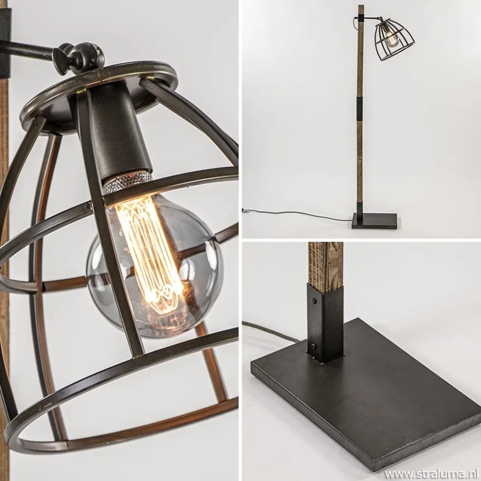 Industrieel landelijke vloerlamp Matrix hout met metalen korf>Straluma New