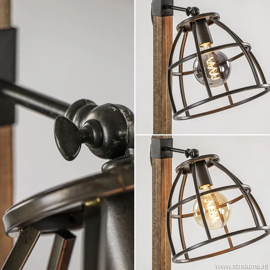 Industrieel landelijke vloerlamp Matrix hout met metalen korf>Straluma New