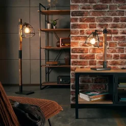 Industrieel landelijke vloerlamp Matrix hout met metalen korf><noscript><img width=