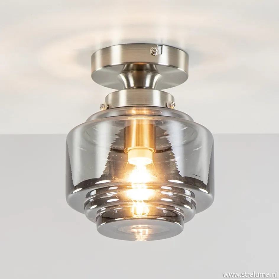 Kleine plafondlamp hal/toilet met smokey glazen kap>Straluma Online