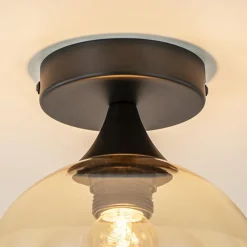 Kleine plafondlamp zwart met amber glazen bol><noscript><img width=