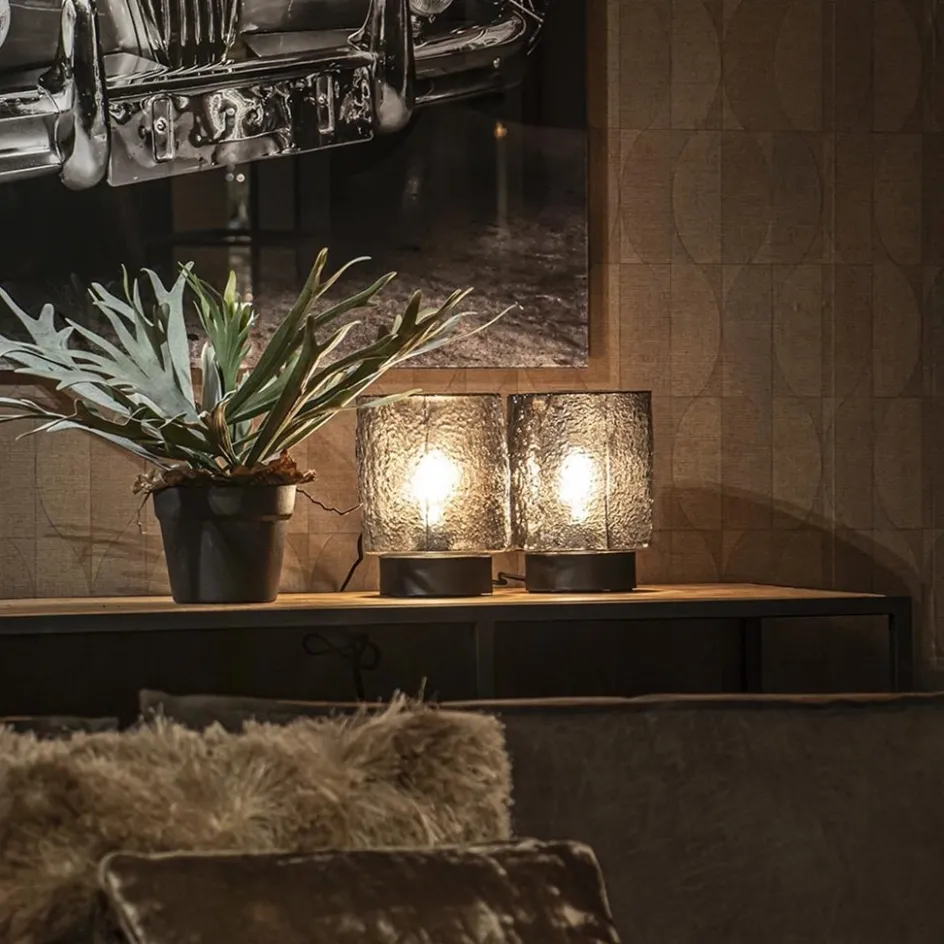 Kleine tafellamp zwart met smoke glazen kap>Straluma Hot