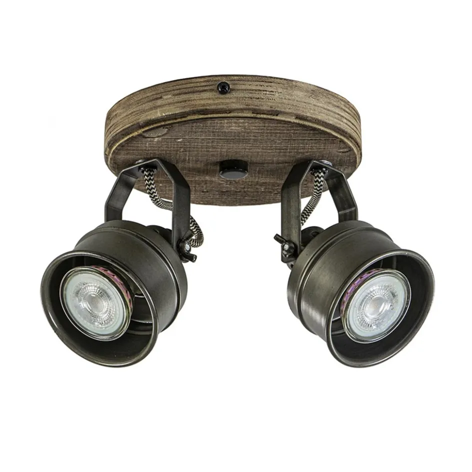 Landelijke 2-lichts opbouwspot gun metal met hout>Straluma Discount