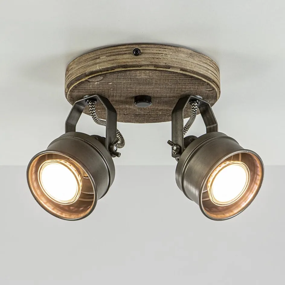 Landelijke 2-lichts opbouwspot gun metal met hout>Straluma Discount