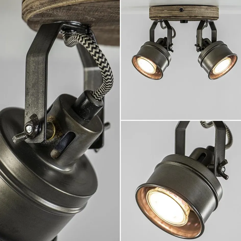 Landelijke 2-lichts opbouwspot gun metal met hout>Straluma Discount