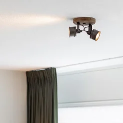 Landelijke 2-lichts opbouwspot gun metal met hout><noscript><img width=