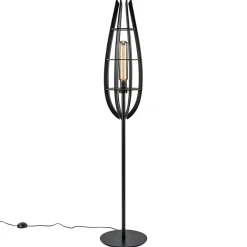 Landelijke vloerlamp mat zwart met houten kap>Straluma Clearance