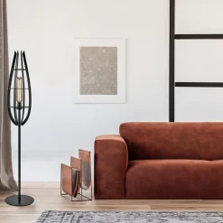 Landelijke vloerlamp mat zwart met houten kap><noscript><img width=