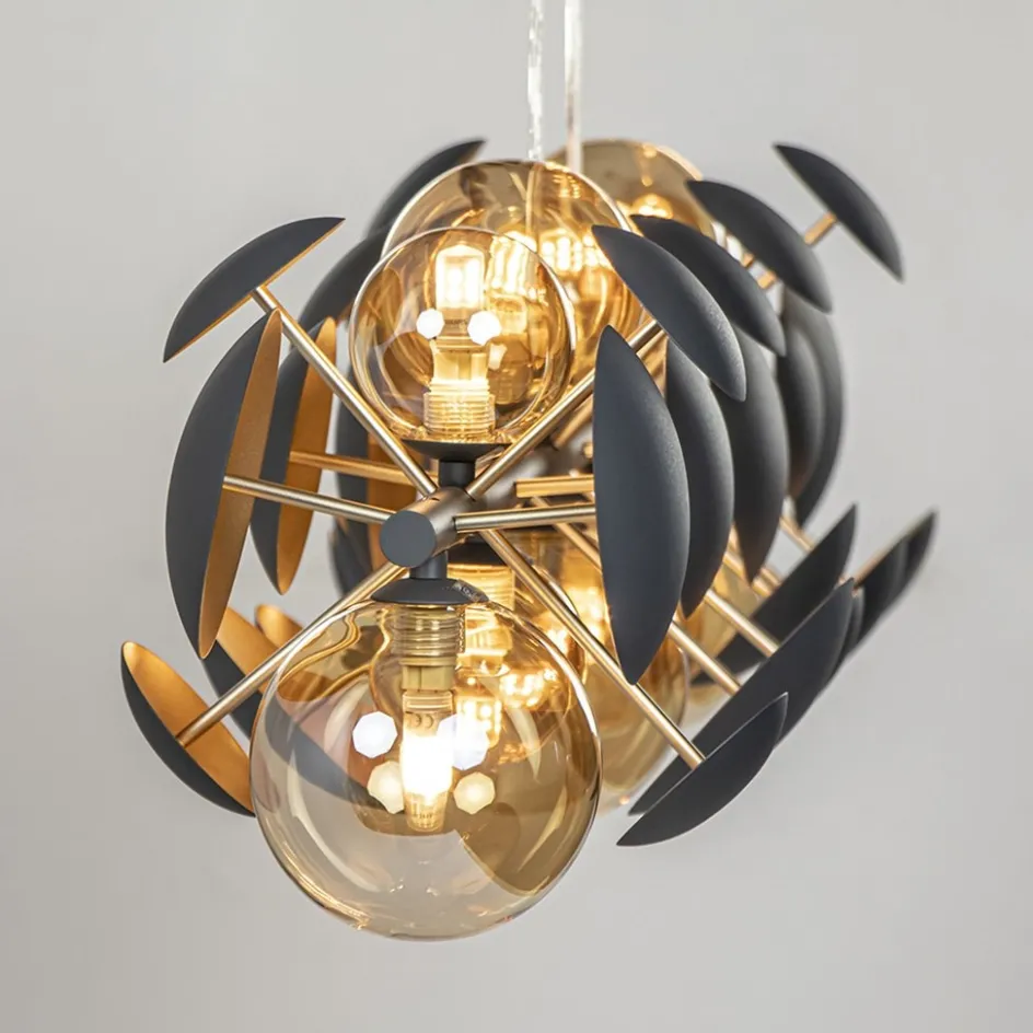 Langwerpige hanglamp grijs/goud + amber glas>Straluma Best