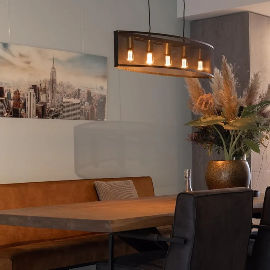 Langwerpige hanglamp mat zwart metaal met goud>Straluma Sale