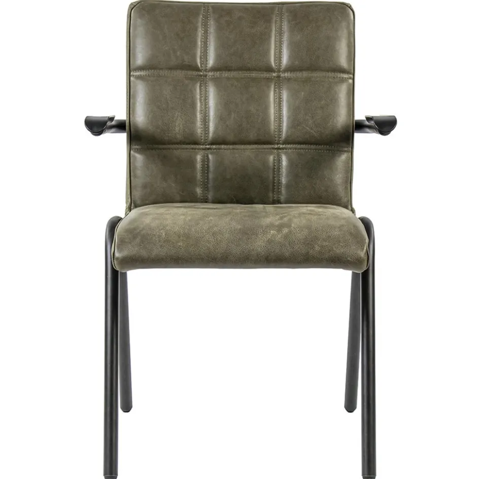 Lederen armstoel olijf groen met zwart metalen pootjes>Straluma New