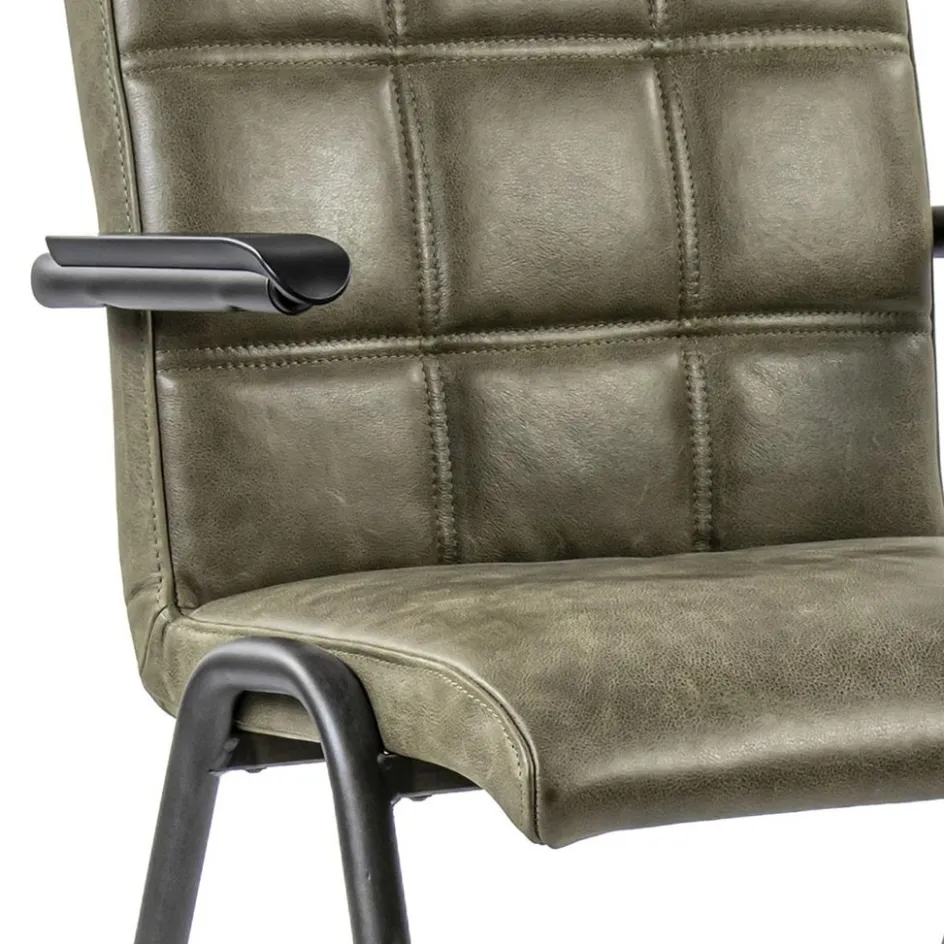 Lederen armstoel olijf groen met zwart metalen pootjes>Straluma New