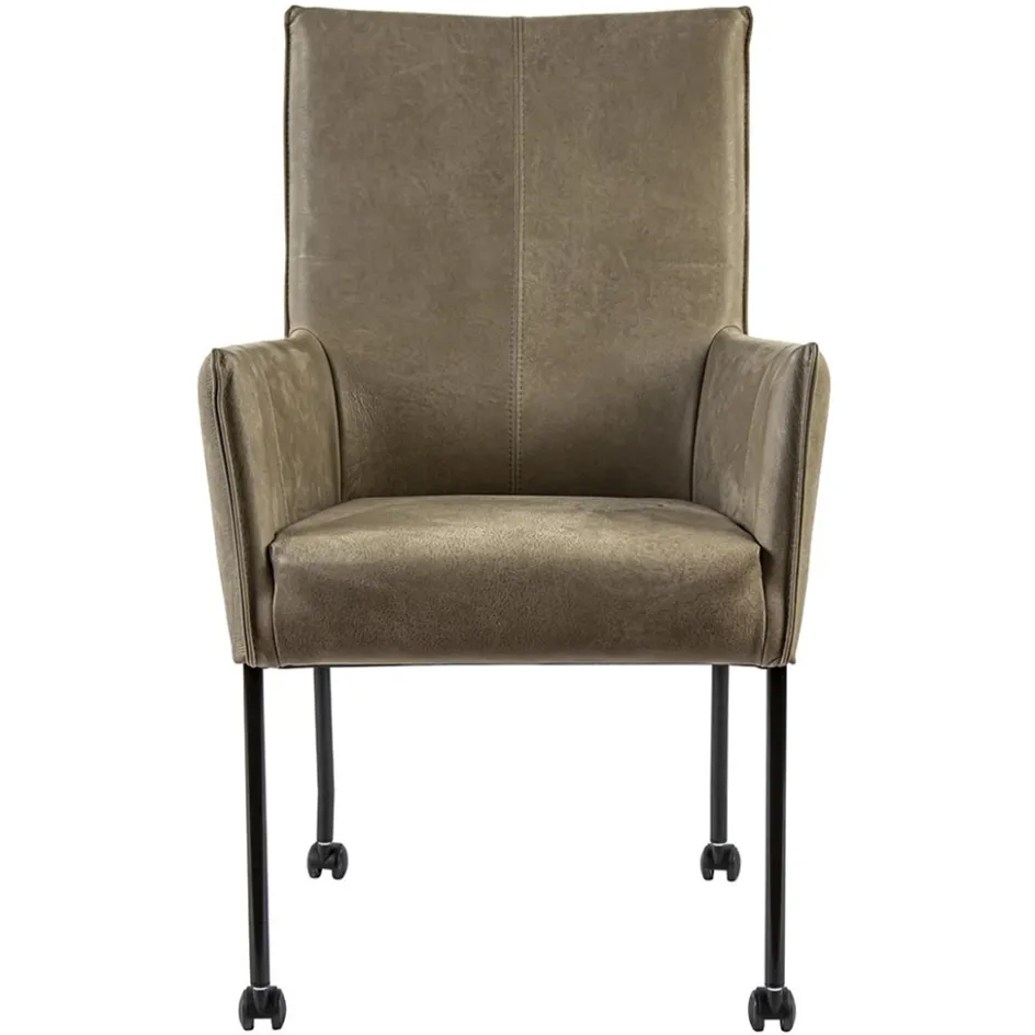 Lederen armstoel taupe met zwarte poot en wieltjes>Straluma Best