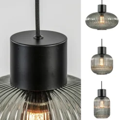 5-Lichts eettafelhanglamp geribbeld smoke glas met zwart><noscript><img width=