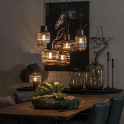 5-Lichts eettafelhanglamp geribbeld smoke glas met zwart><noscript><img width=