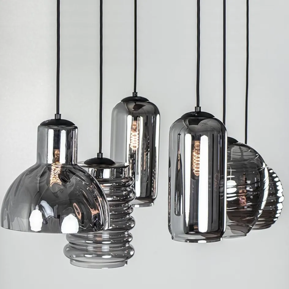 6-Lichts eettafelhanglamp met smoke/titanium glas>Straluma Outlet
