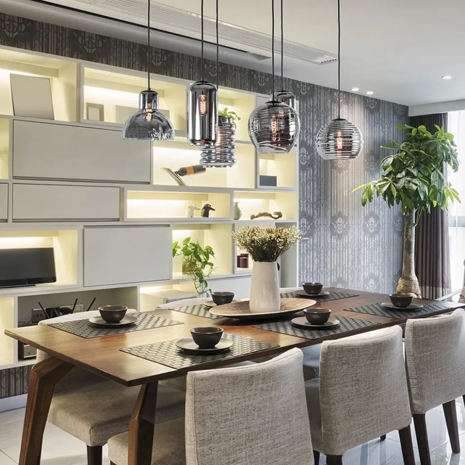 6-Lichts eettafelhanglamp met smoke/titanium glas>Straluma Outlet