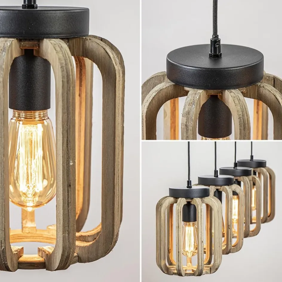 4-Lichts eettafelhanglamp mat zwart met ruw hout>Straluma