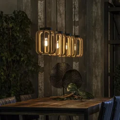 4-Lichts eettafelhanglamp mat zwart met ruw hout><noscript><img width=