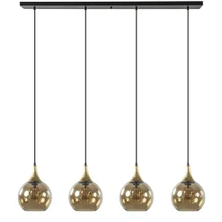 4-Lichts eettafelhanglamp zwart/goud met amber glazen bollen>Straluma Hot