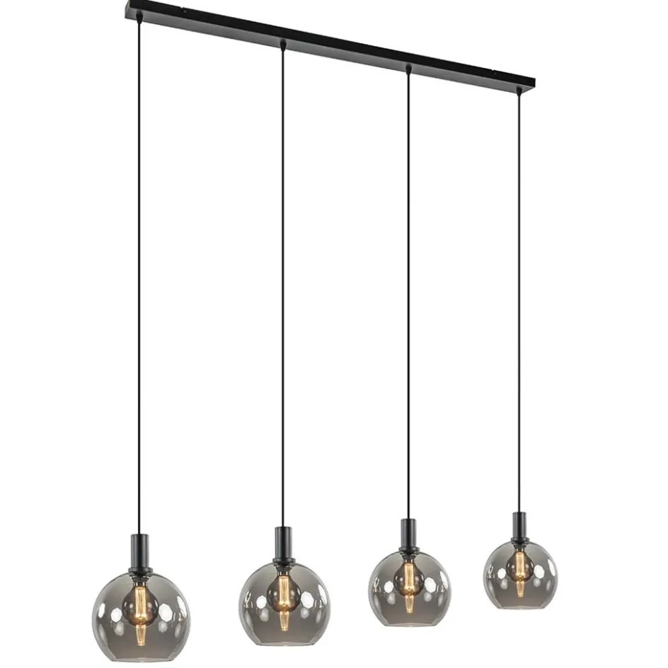 4-lichts eettafelhanglamp zwart met smoke glazen bollen>Straluma Best