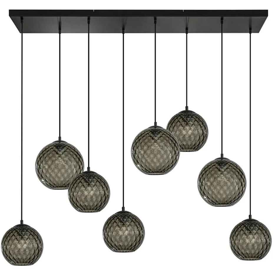 8-Lichts eettafelhanglamp zwart met smoke glazen kappen reliëf>Straluma Outlet
