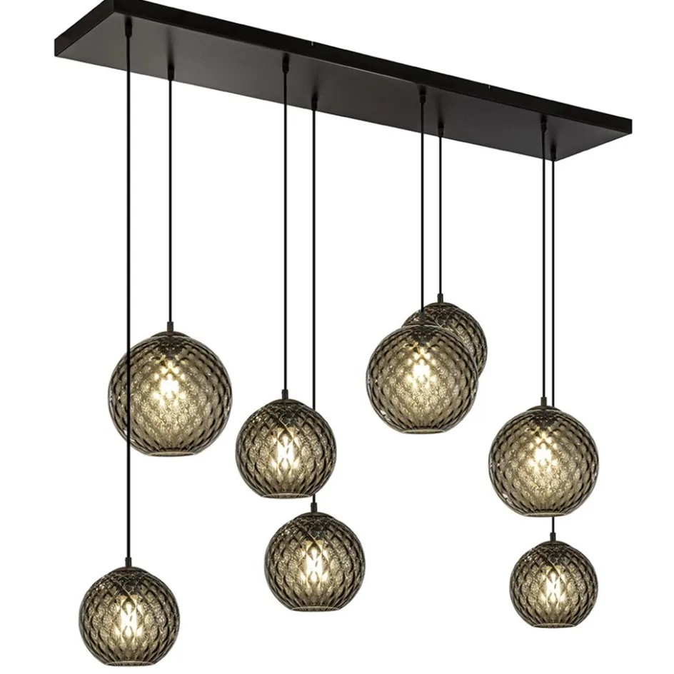 8-Lichts eettafelhanglamp zwart met smoke glazen kappen reliëf>Straluma Outlet