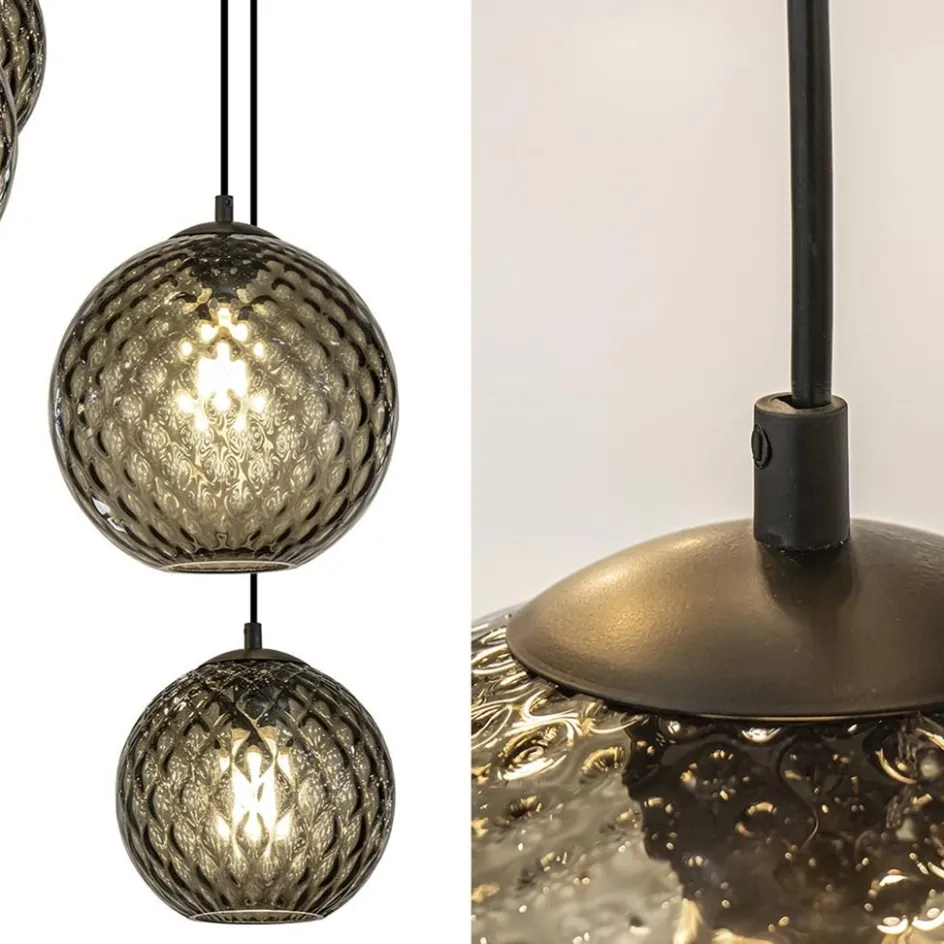 8-Lichts eettafelhanglamp zwart met smoke glazen kappen reliëf>Straluma Outlet