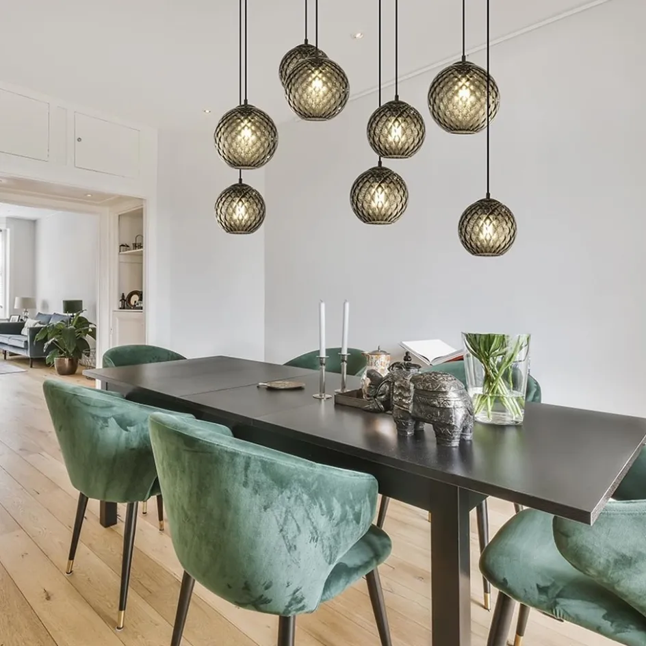 8-Lichts eettafelhanglamp zwart met smoke glazen kappen reliëf>Straluma Outlet