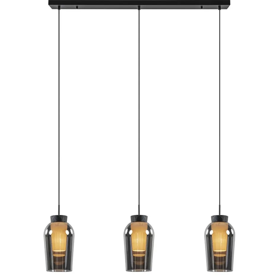 3-Lichts hanglamp balk zwart/marmer met smoke glas>Straluma New